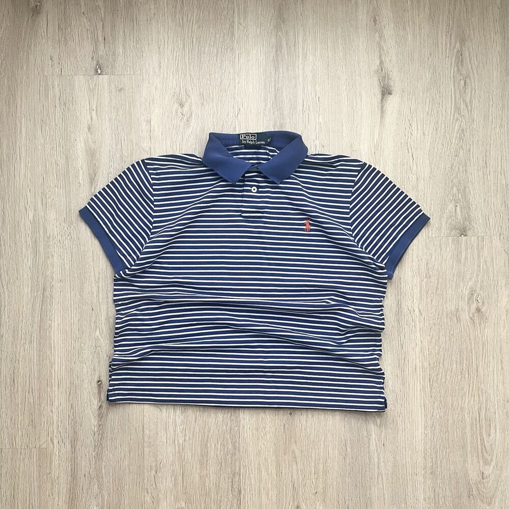 Vintage Polo Ralph Lauren Polo Shirt Mens M Blue White Striped Short Sleeve